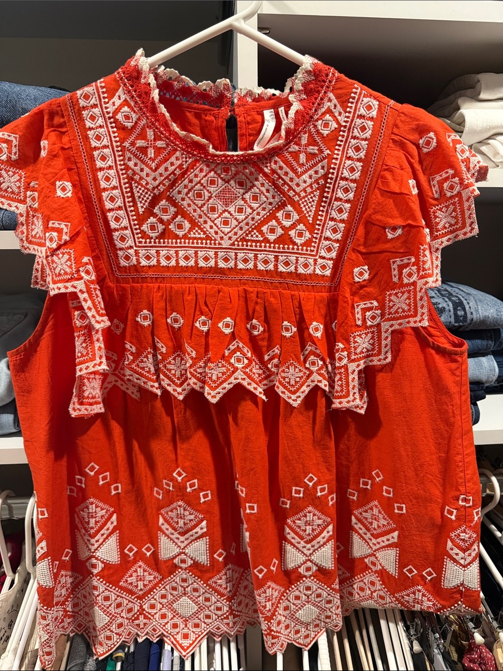 Anthropologie Red Embroidered Ruffle Top